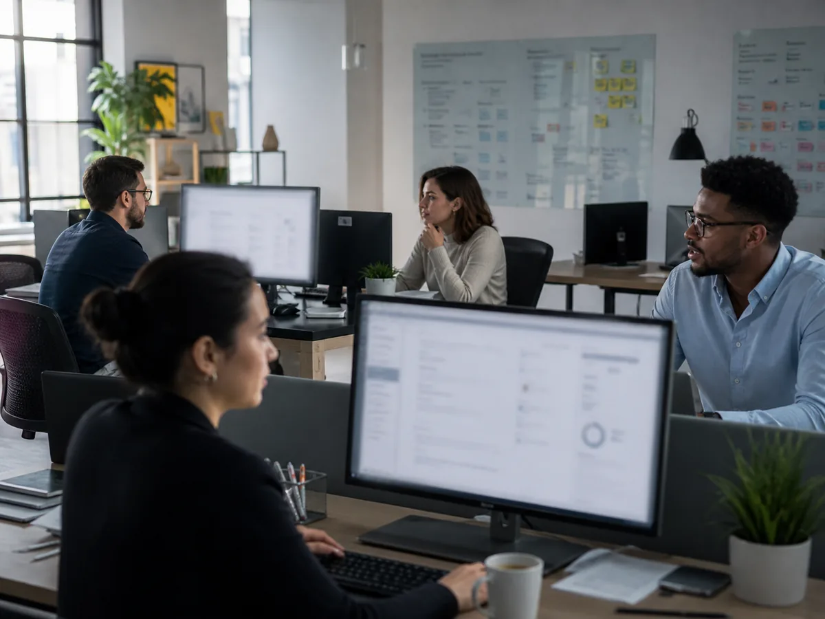Een kantoor waar collega's aan hun bureau werken, ieder met dezelfde overzichtsweergave van deals op het scherm. Twee van hen overleggen over de schermen heen.