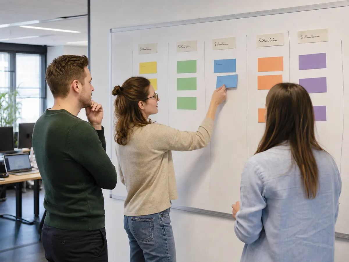Drie collega's staan bij een whiteboard met vijf kolommen gekleurde kaartjes. Een van hen verplaatst een kaartje naar de volgende kolom.